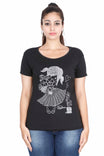Women's Cotton Round Neck Printed Half Sleeve Black Color T-Shirt