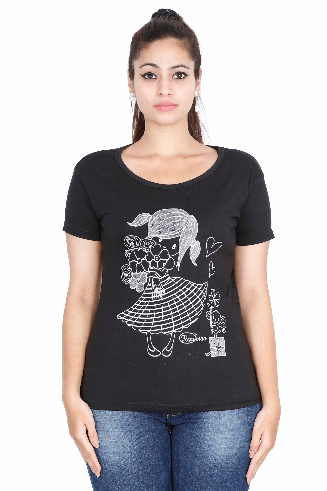 Women's Cotton Round Neck Printed Half Sleeve Black Color T-Shirt