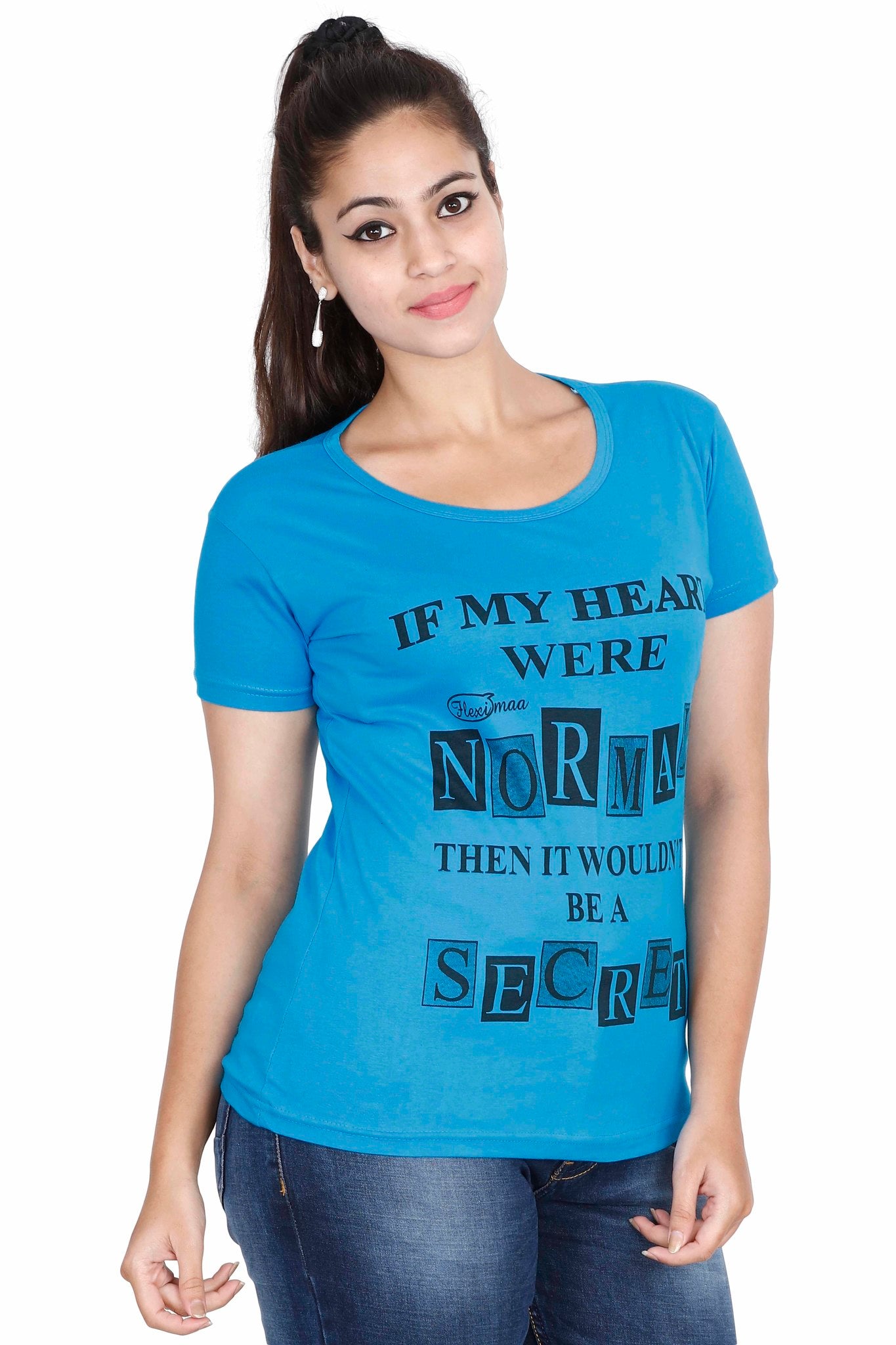 Women's Cotton Round Neck Printed Half Sleeve Blue Color T-Shirt