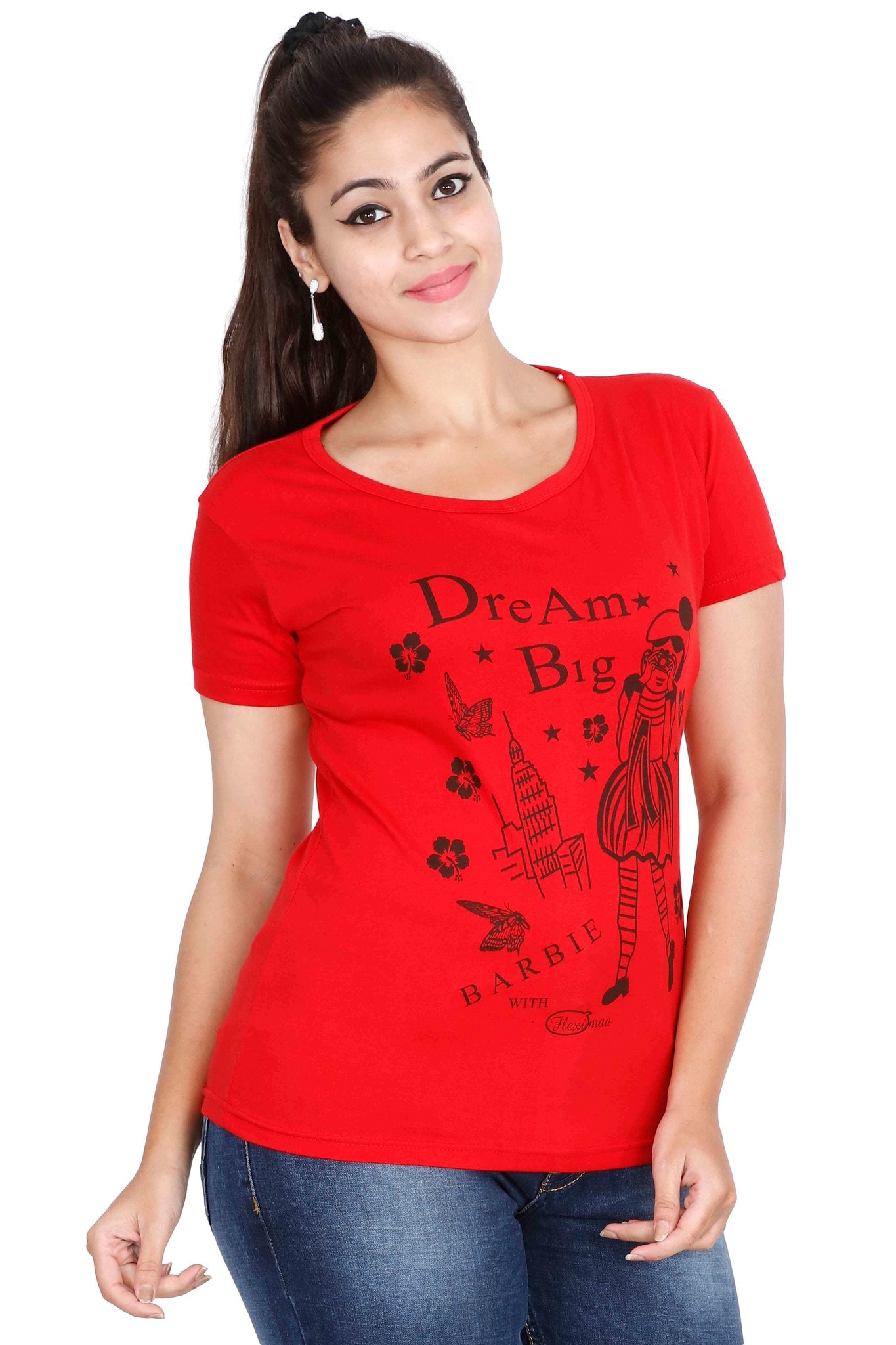 Women's Cotton Round Neck Printed Half Sleeve Red Color T-Shirt
