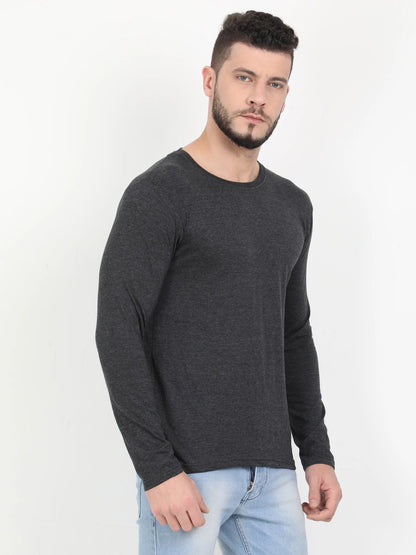 Men's Cotton Plain Round Neck Full Sleeve Charcoal Melange Color T-Shirt