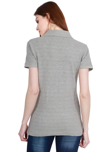 Women's Cotton Plain Polo Neck Grey Melange Color T-Shirt