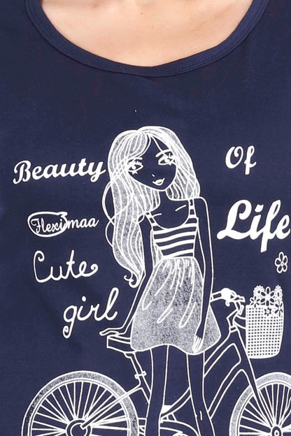 Women's Cotton Round Neck Printed Half Sleeve Navy Blue Color T-Shirt