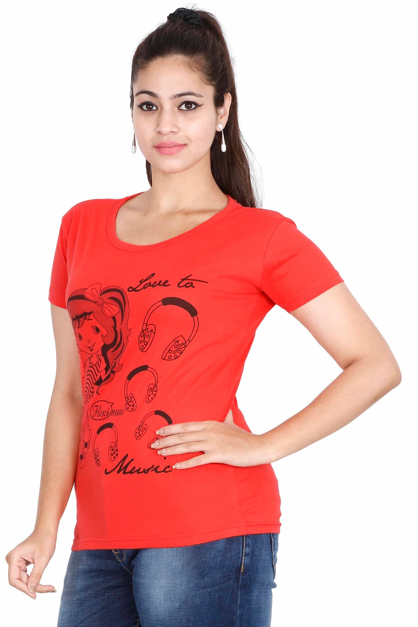 Women's Cotton Round Neck Printed Half Sleeve Coral Red Color T-Shirt