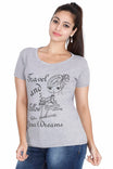 Women's Cotton Round Neck Printed Half Sleeve Grey Melange Color T-Shirt