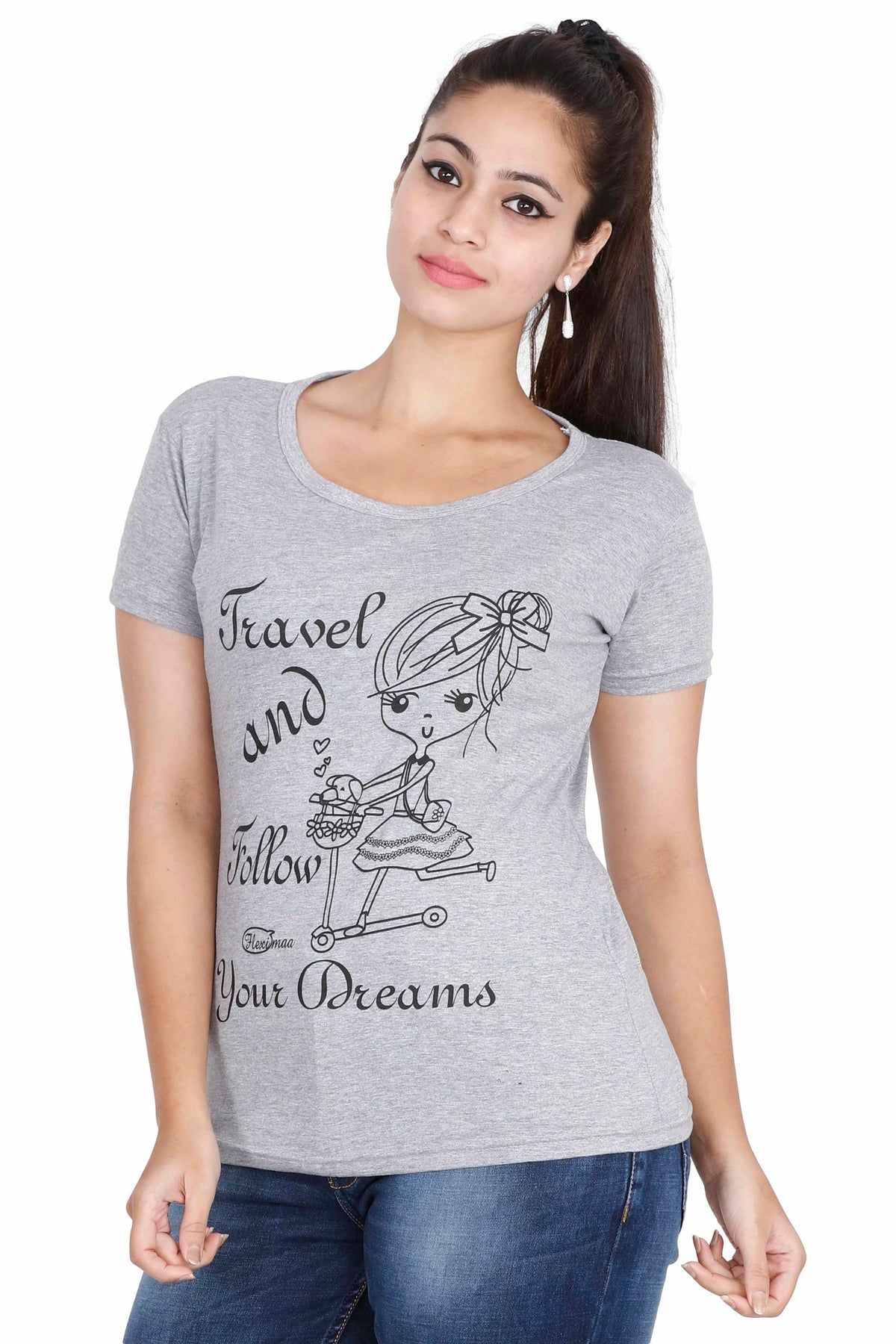 Women's Cotton Round Neck Printed Half Sleeve Grey Melange Color T-Shirt
