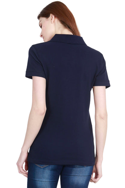 Women's Cotton Plain Polo Neck Navy Blue Color T-Shirt