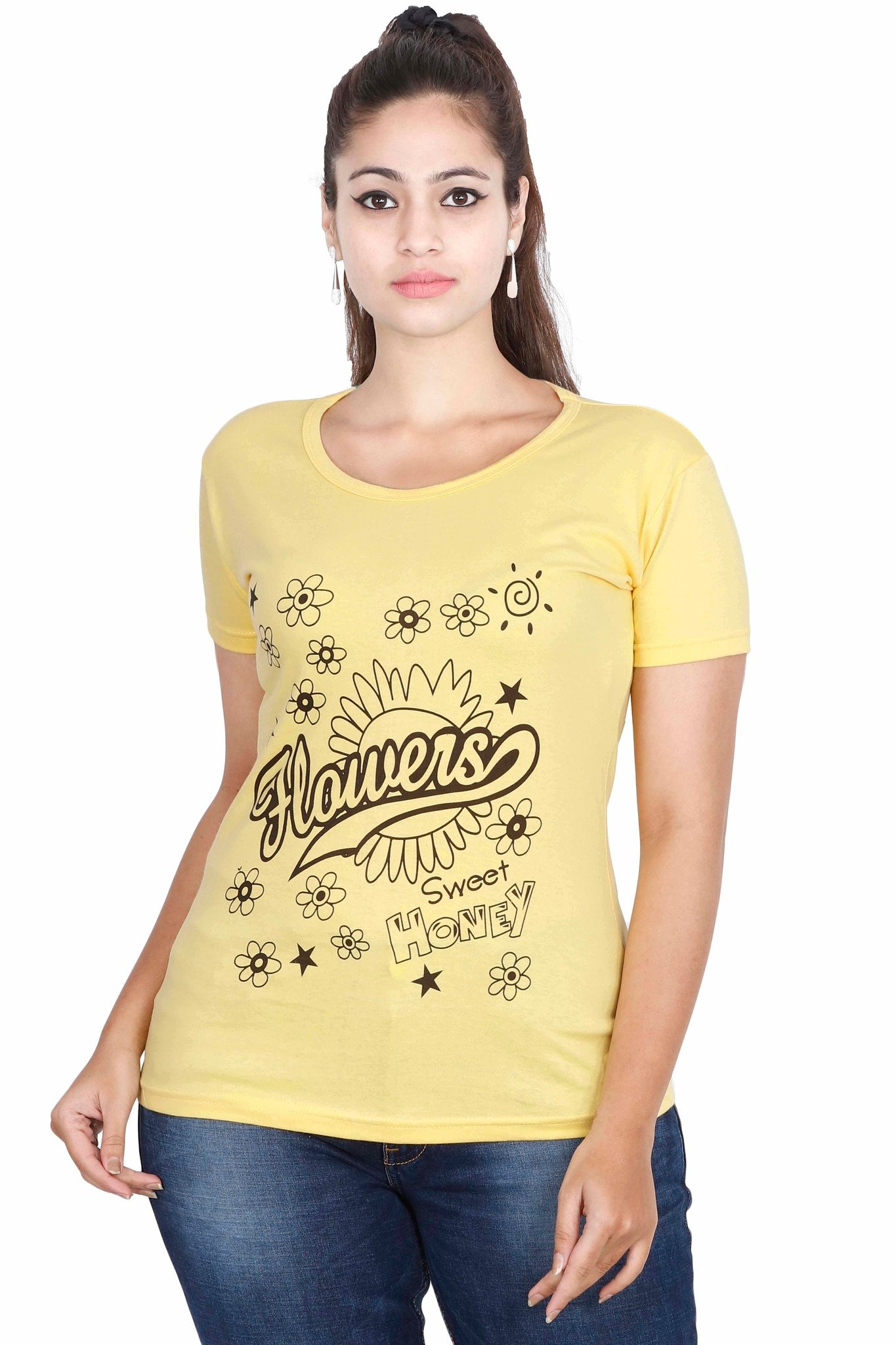 Women's Cotton Round Neck Printed Half Sleeve Yellow Color T-Shirt