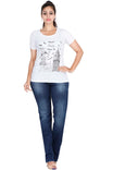 Women's Cotton Round Neck Printed Half Sleeve White Color T-Shirt