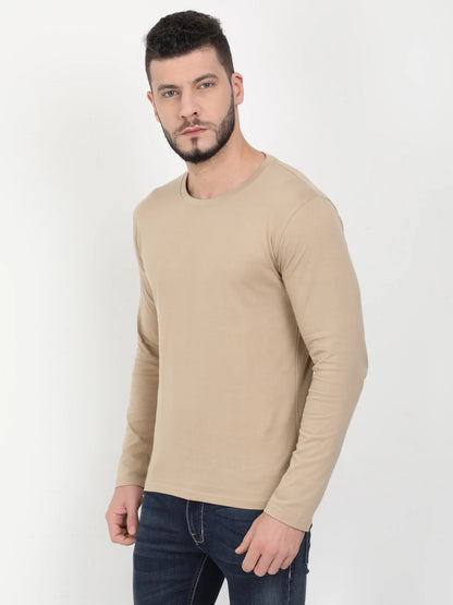 Men's Cotton Plain Round Neck Full Sleeve Biscuit Color T-Shirt