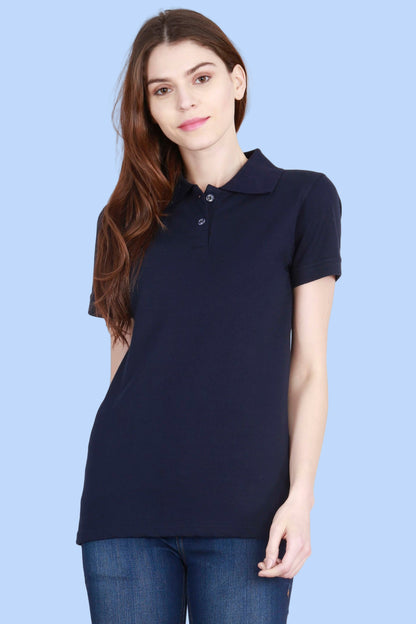 Women's Cotton Plain Polo Neck Navy Blue Color T-Shirt
