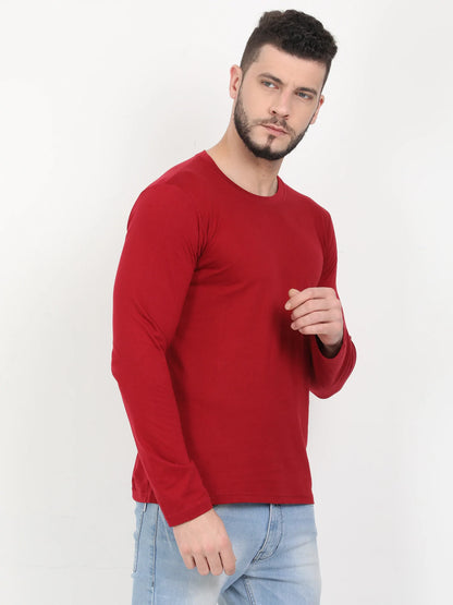 Men's Cotton Plain Round Neck Full Sleeve Maroon Color T-Shirt