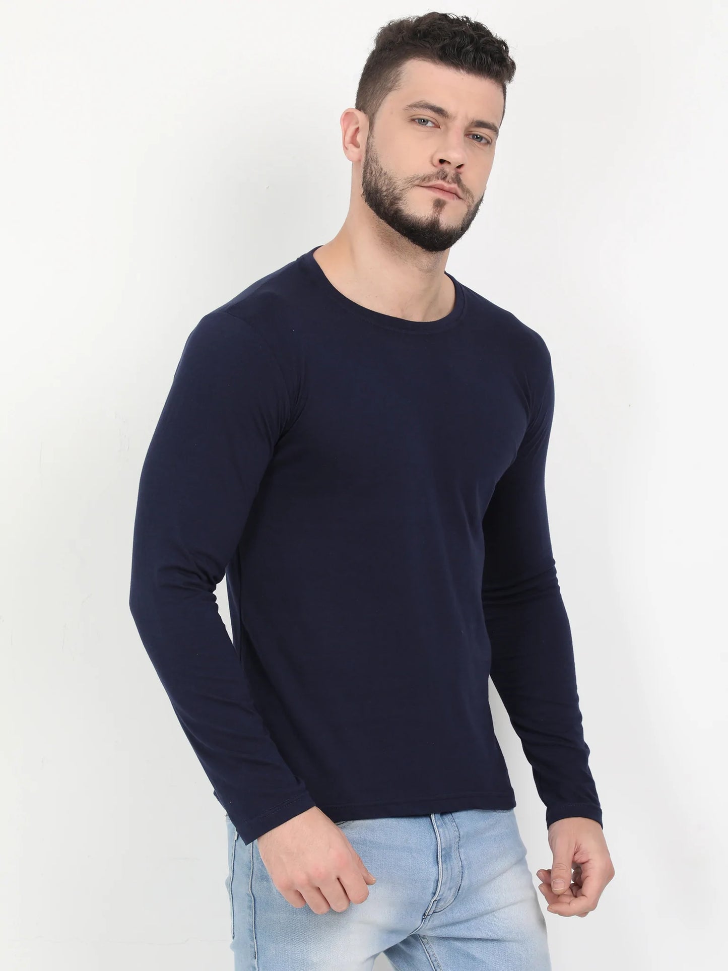 Men's Cotton Plain Round Neck Full Sleeve Navy Blue Color T-Shirt