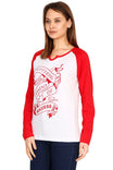 Women's Cotton Printed Raglan Full Sleeve Whitered Color T-Shirt