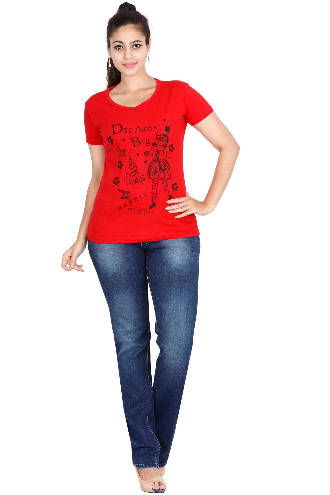 Women's Cotton Round Neck Printed Half Sleeve Red Color T-Shirt