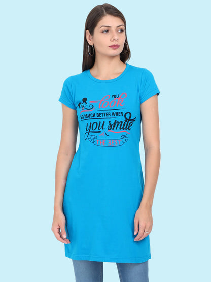 Women's Cotton Round Neck Printed Blue Color Long Top