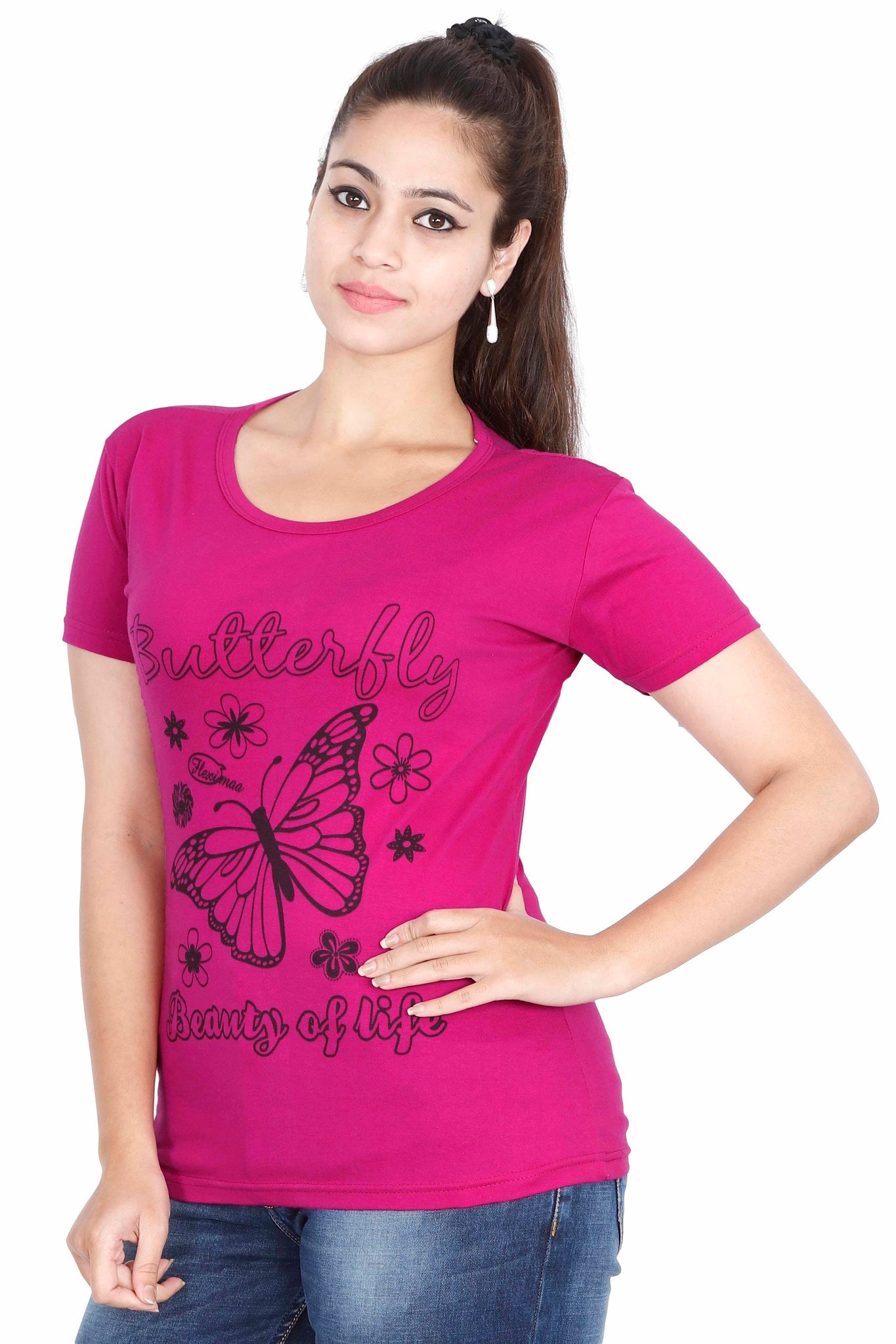 Women's Cotton Round Neck Printed Half Sleeve Magenta Color T-Shirt