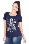 Women's Cotton Round Neck Printed Half Sleeve Navy Blue Color T-Shirt