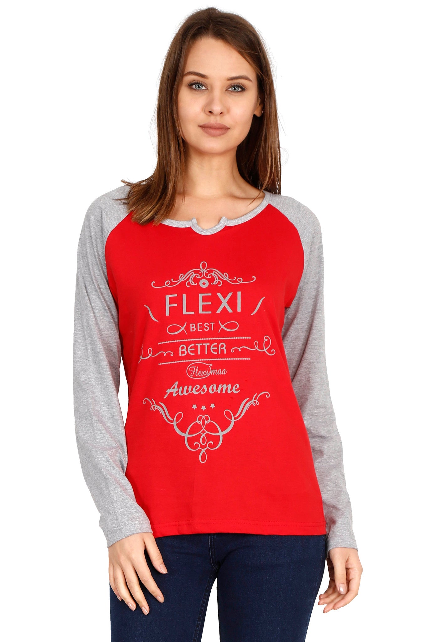 Women's Cotton Printed Raglan Full Sleeve Redgrey Color T-Shirt