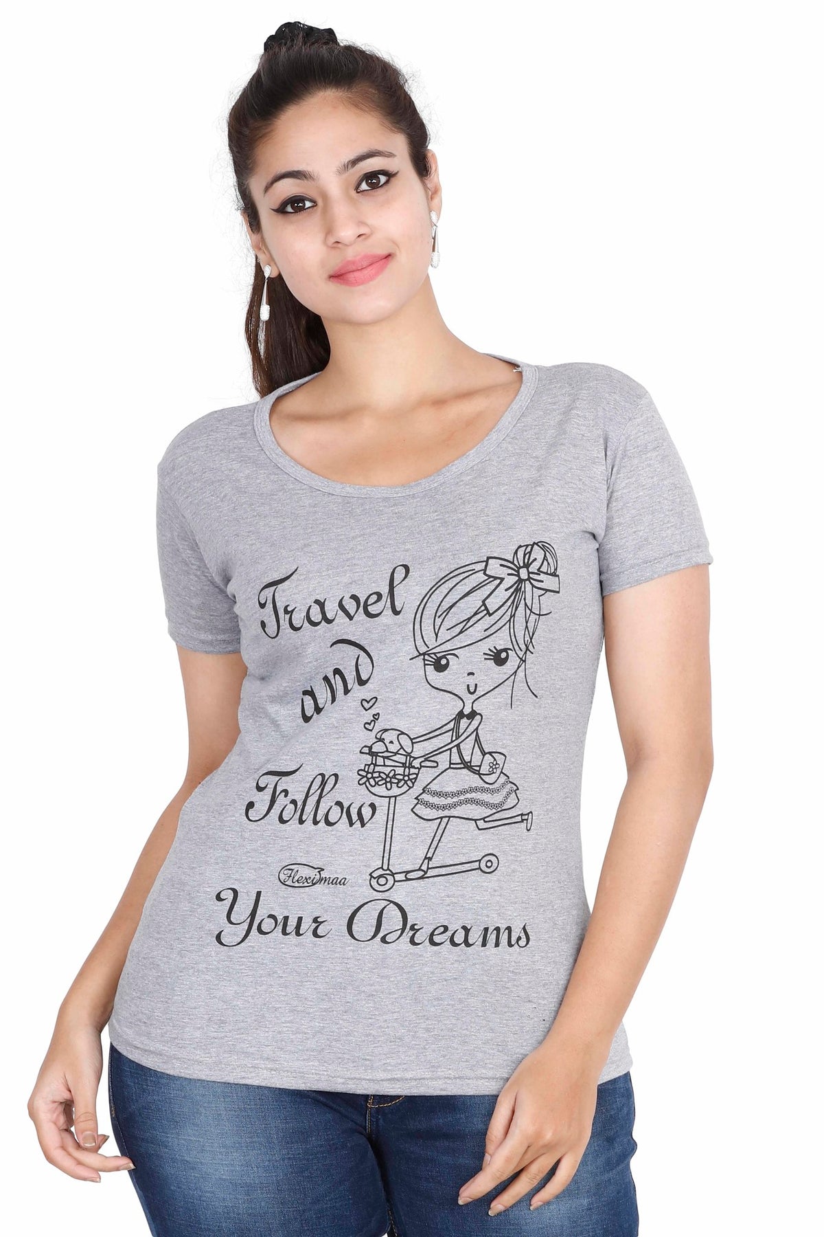 Women's Cotton Round Neck Printed Half Sleeve Grey Melange Color T-Shirt