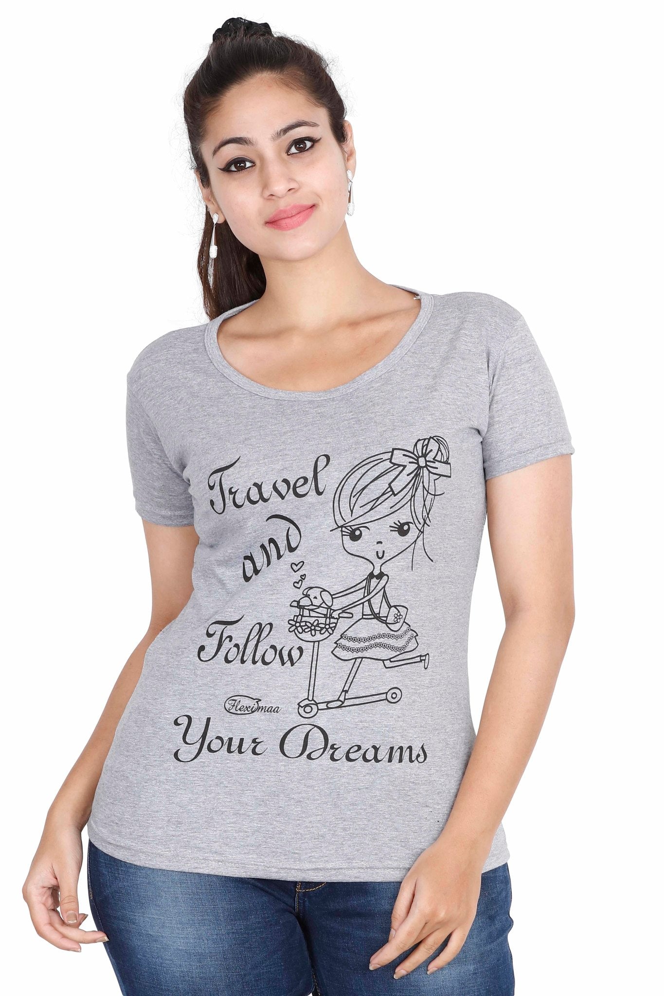 Women's Cotton Round Neck Printed Half Sleeve Grey Melange Color T-Shirt
