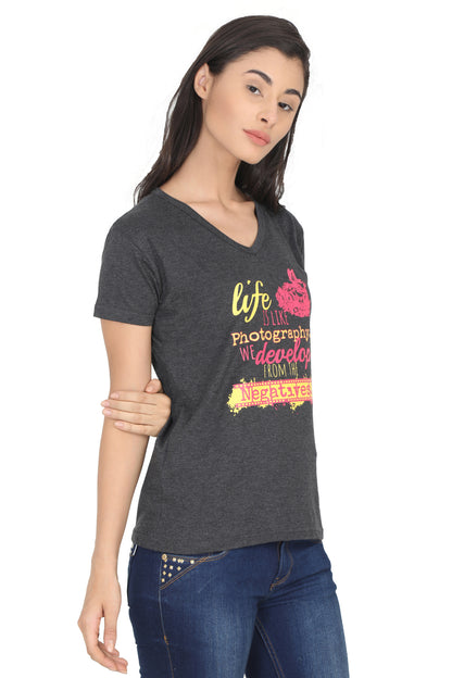 Women's Cotton V Neck Printed Half Sleeve T-Shirt