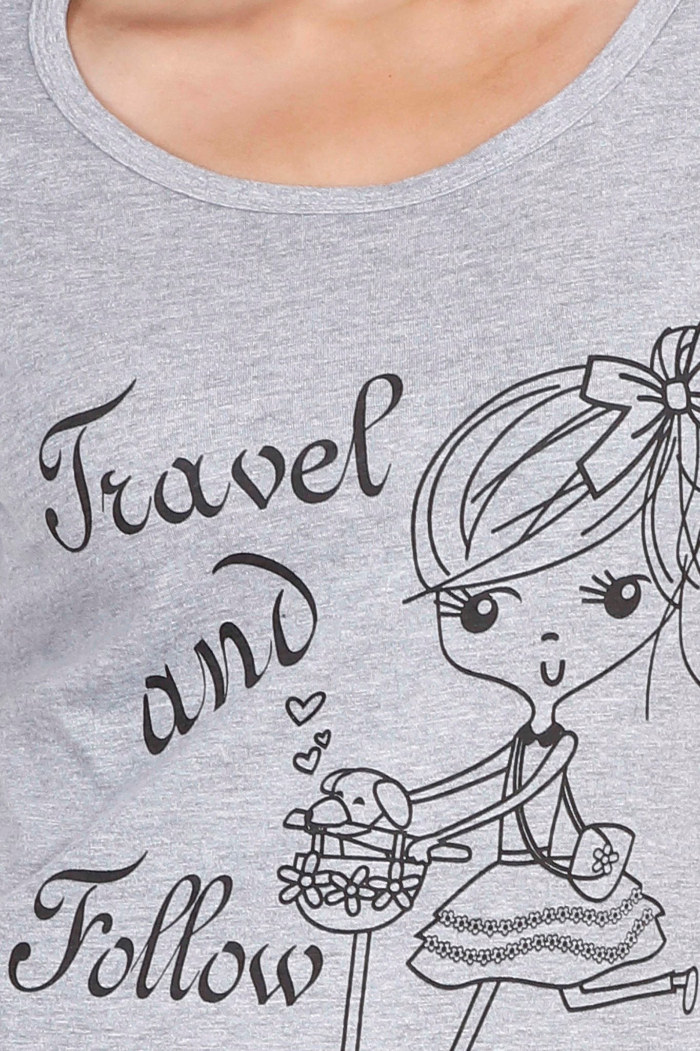 Women's Cotton Round Neck Printed Half Sleeve Grey Melange Color T-Shirt