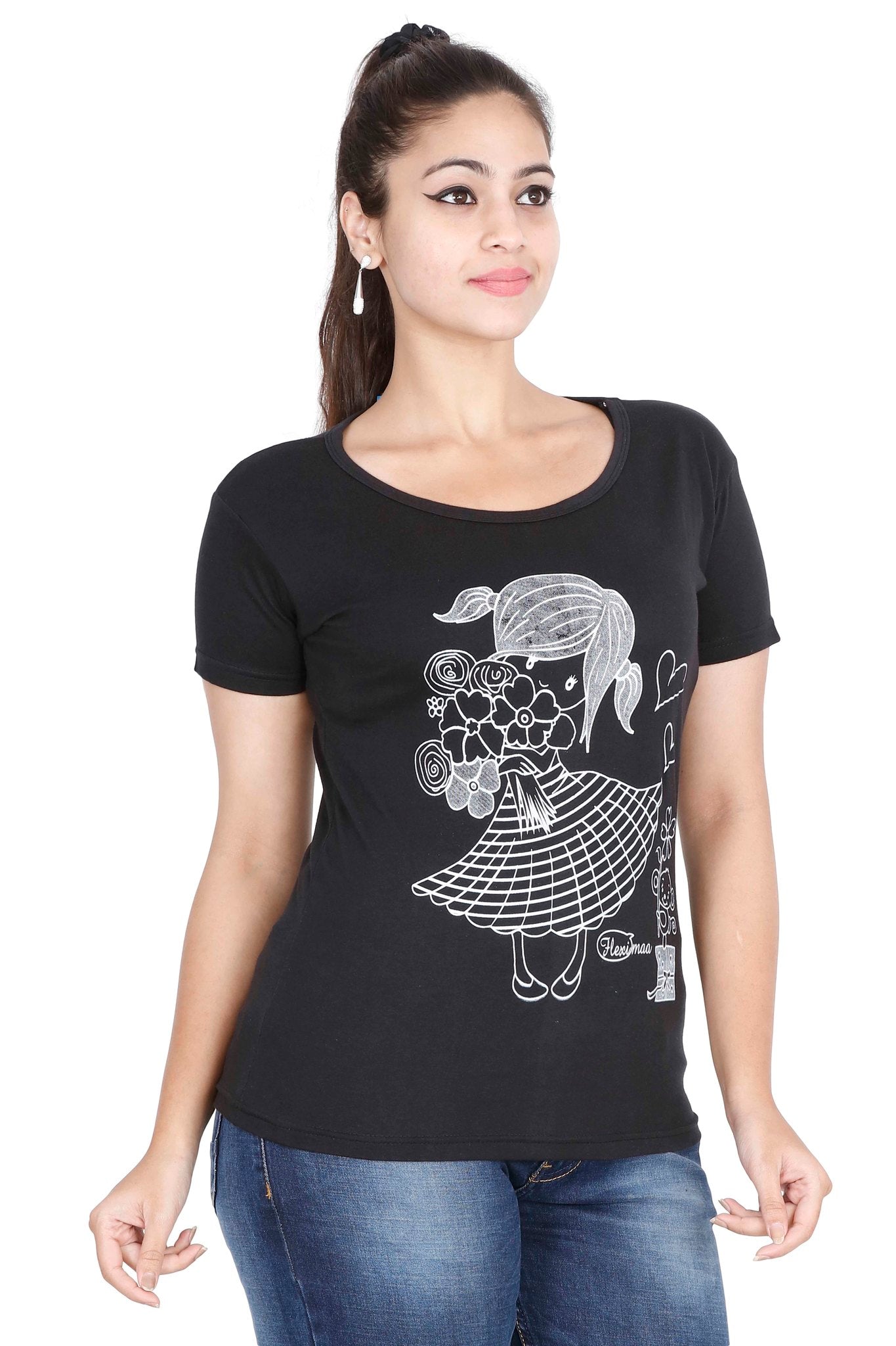 Women's Cotton Round Neck Printed Half Sleeve Black Color T-Shirt