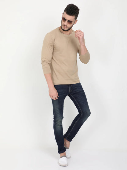 Men's Cotton Plain Round Neck Full Sleeve Biscuit Color T-Shirt
