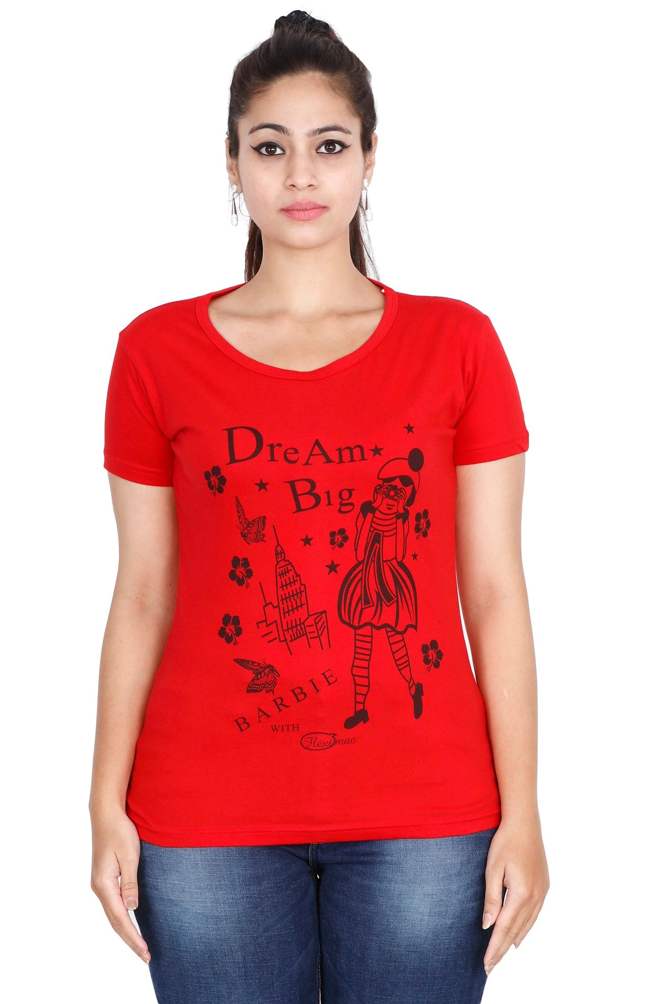 Women's Cotton Round Neck Printed Half Sleeve Red Color T-Shirt