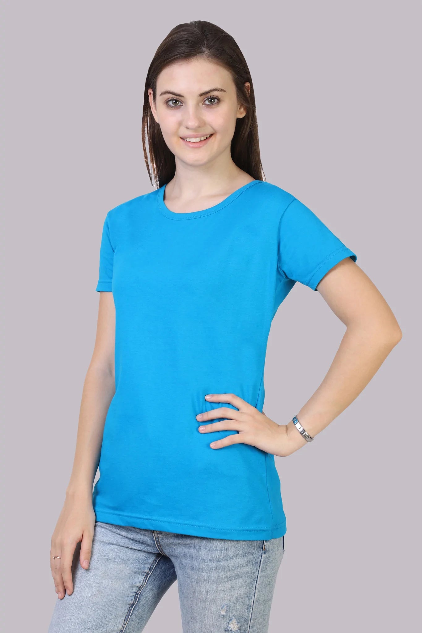 Women's Cotton Plain Round Neck Half Sleeve Blue Color T-Shirt