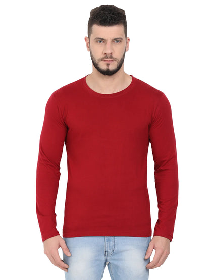 Men's Cotton Plain Round Neck Full Sleeve Maroon Color T-Shirt