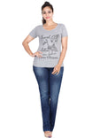Women's Cotton Round Neck Printed Half Sleeve Grey Melange Color T-Shirt