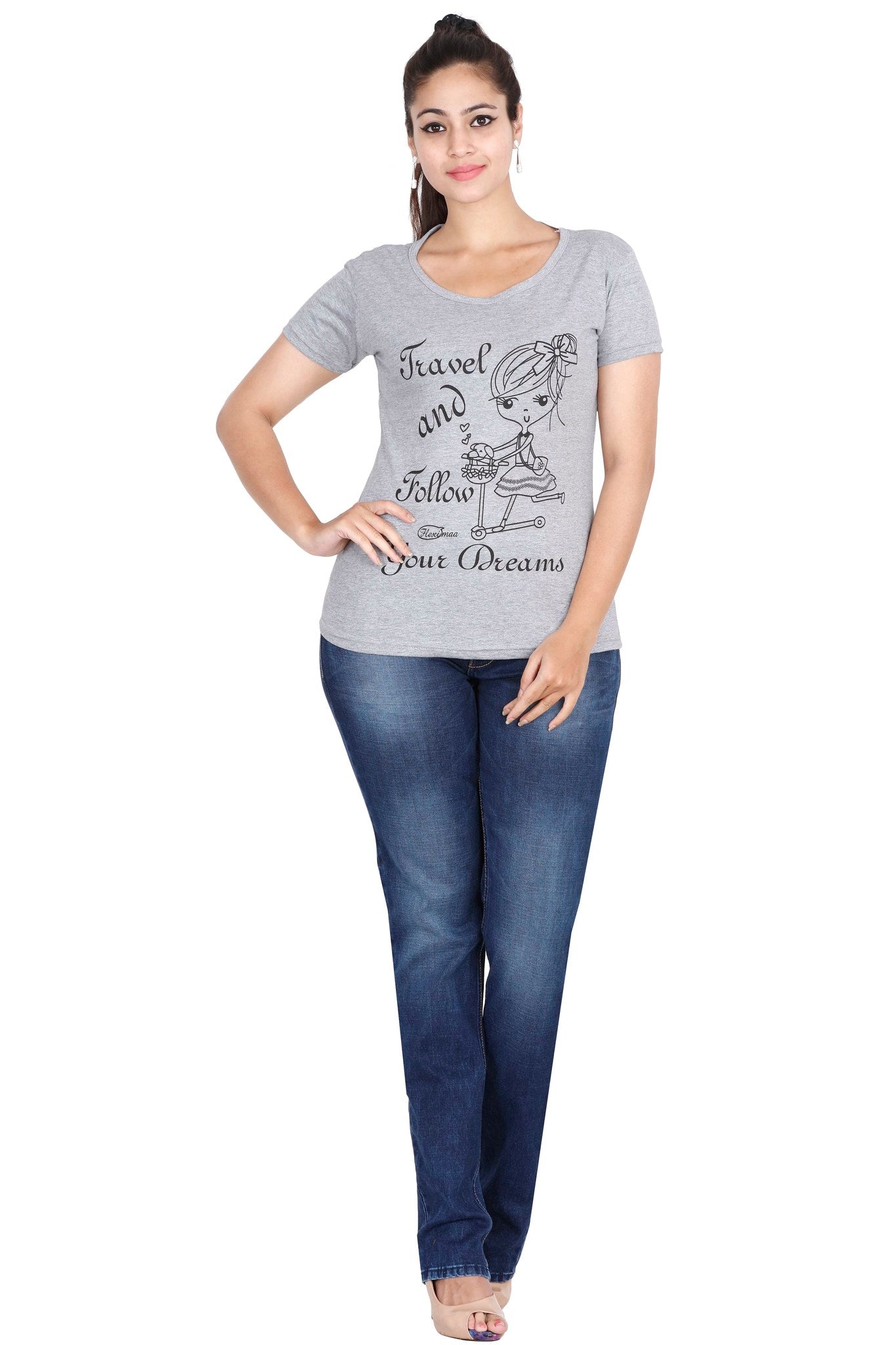 Women's Cotton Round Neck Printed Half Sleeve Grey Melange Color T-Shirt
