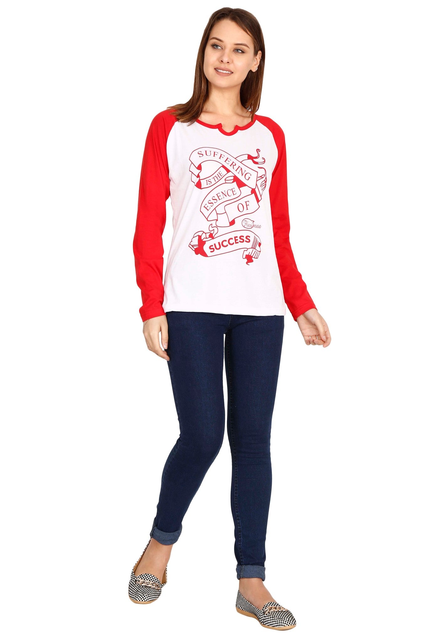 Women's Cotton Printed Raglan Full Sleeve Whitered Color T-Shirt