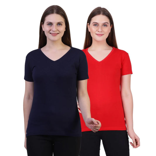 Fleximaa Women's Cotton Plain V Neck Half Sleeve T-Shirt (Pack of 2) - Fleximaa