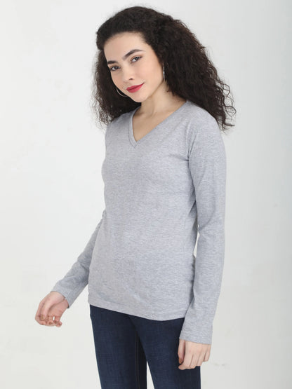 Fleximaa Women's Cotton Plain V Neck Full Sleeve T-Shirt - fleximaa-so