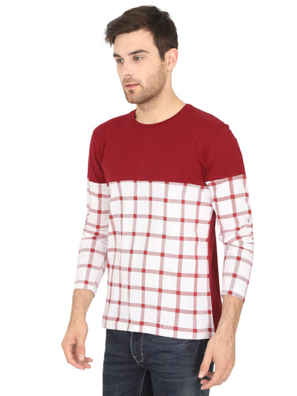 Men's Cotton Color Block Round Neck Full Sleeve Maroonwhite T-Shirt - Fleximaa