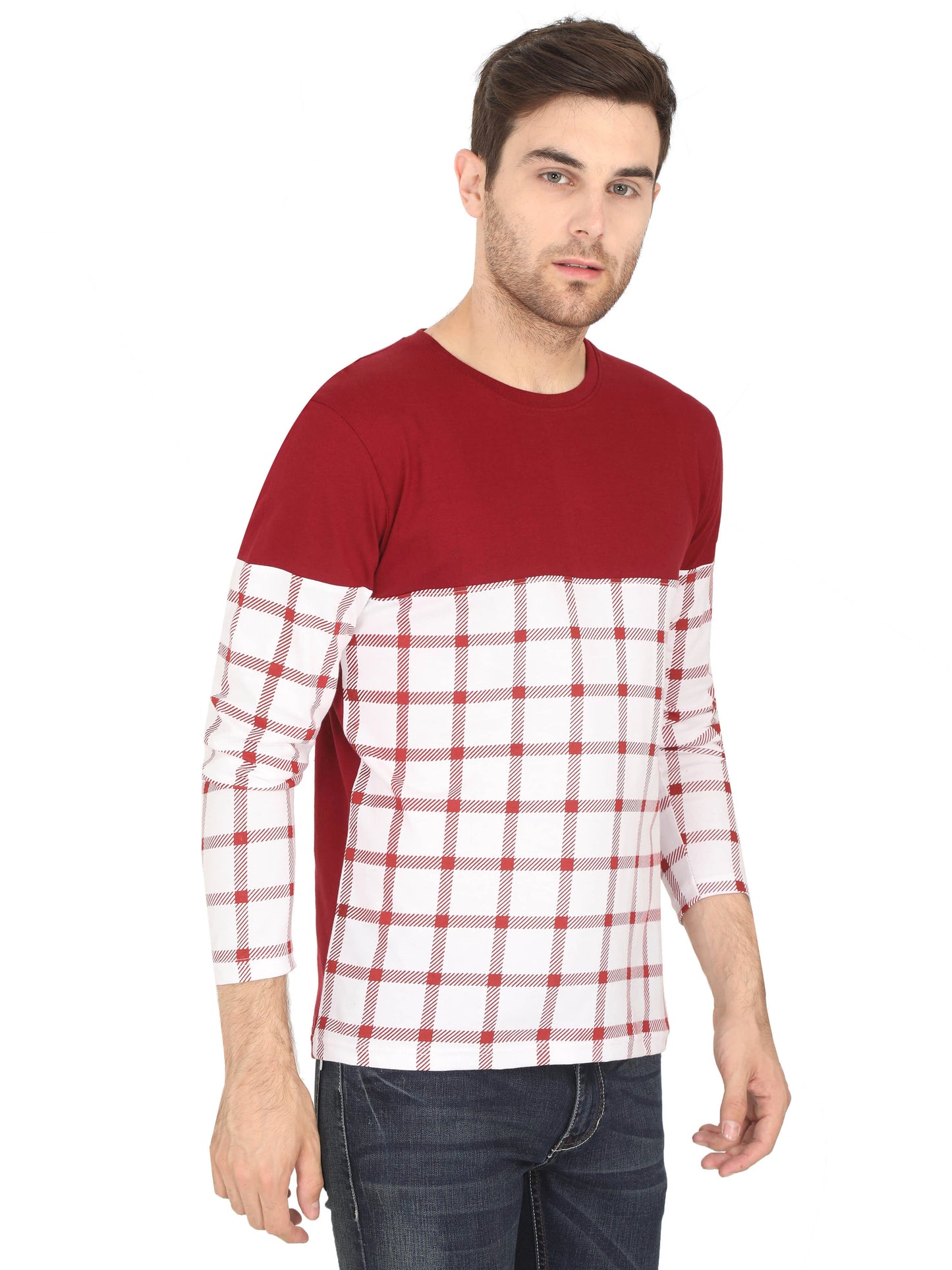 Men's Cotton Color Block Round Neck Full Sleeve Maroonwhite T-Shirt - Fleximaa