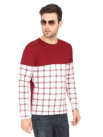 Men's Cotton Color Block Round Neck Full Sleeve Maroonwhite T-Shirt - Fleximaa