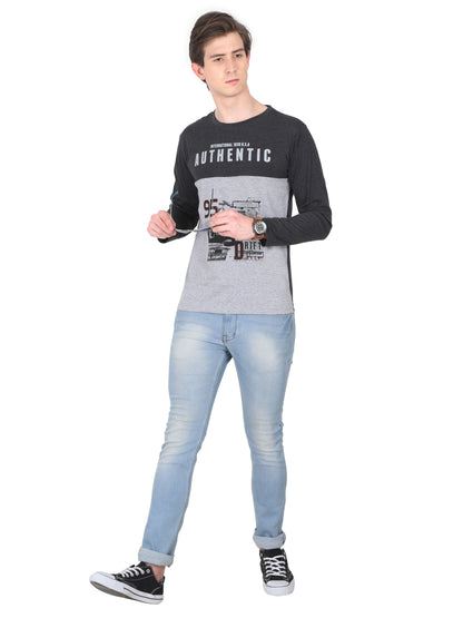 Men's Cotton Color Block Printed Round Neck Full Sleeve T-Shirt
