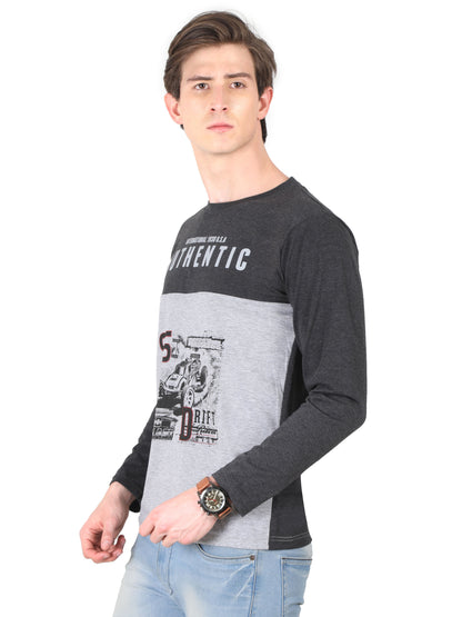 Men's Cotton Color Block Printed Round Neck Full Sleeve T-Shirt
