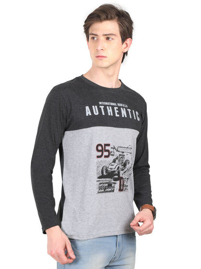 Men's Cotton Color Block Printed Round Neck Full Sleeve T-Shirt