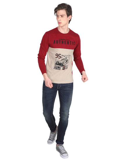 Men's Cotton Color Block Printed Round Neck Full Sleeve T-Shirt