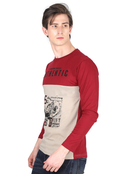 Men's Cotton Color Block Printed Round Neck Full Sleeve T-Shirt
