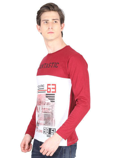 Men's Cotton Color Block Printed Round Neck Full Sleeve T-Shirt