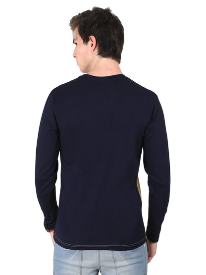 Men's Cotton Color Block Printed Round Neck Full Sleeve T-Shirt