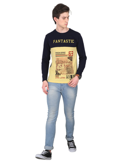 Men's Cotton Color Block Printed Round Neck Full Sleeve T-Shirt