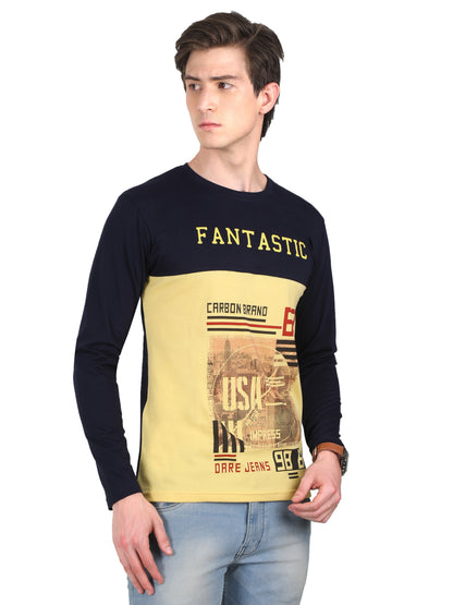 Men's Cotton Color Block Printed Round Neck Full Sleeve T-Shirt