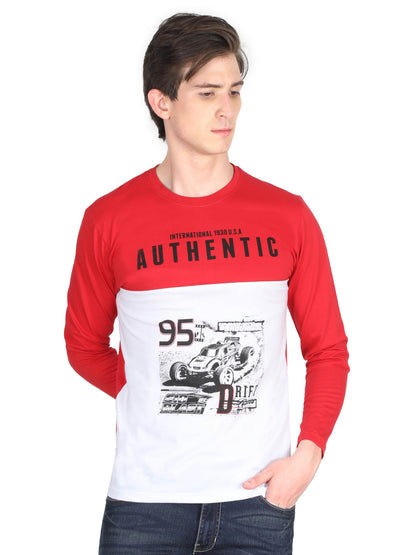 Men's Cotton Color Block Printed Round Neck Full Sleeve T-Shirt